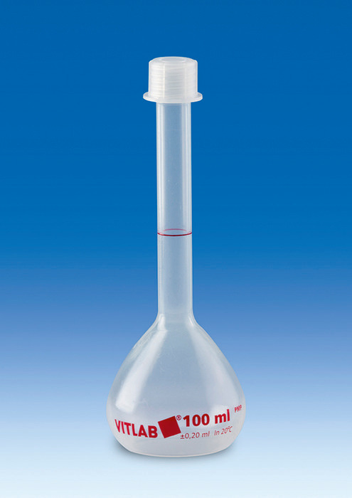 Volumetric flasks, PMP, Class B, with screw caps, PP