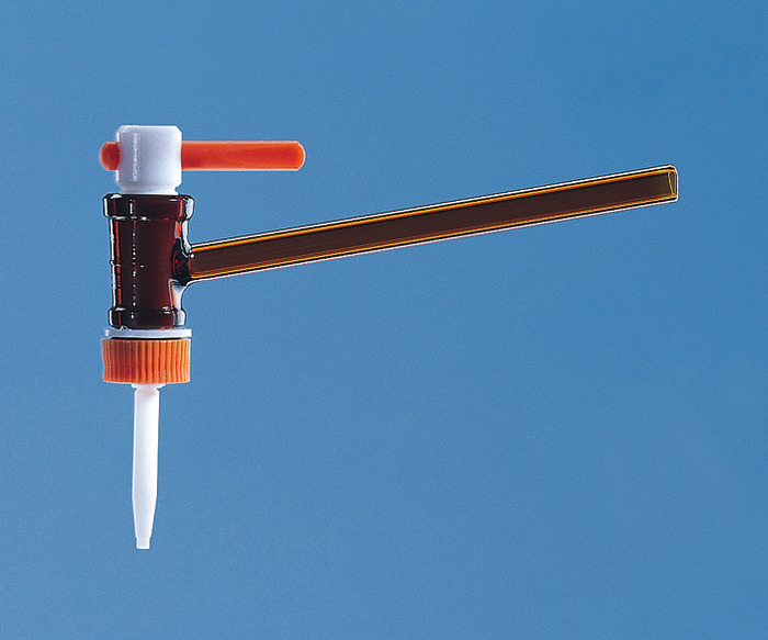 Burette stopcock, Boro 3,3, amber, PTFE key