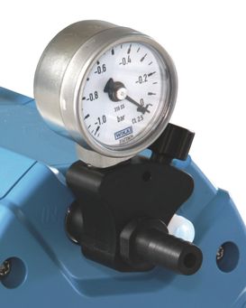 Chemistry vacuum regulator valve unit,manually controlled, with analog pressuregauge for chemistry diaphragm pumpsME 1C, MZ 1C, with hose nozzle 10 mm