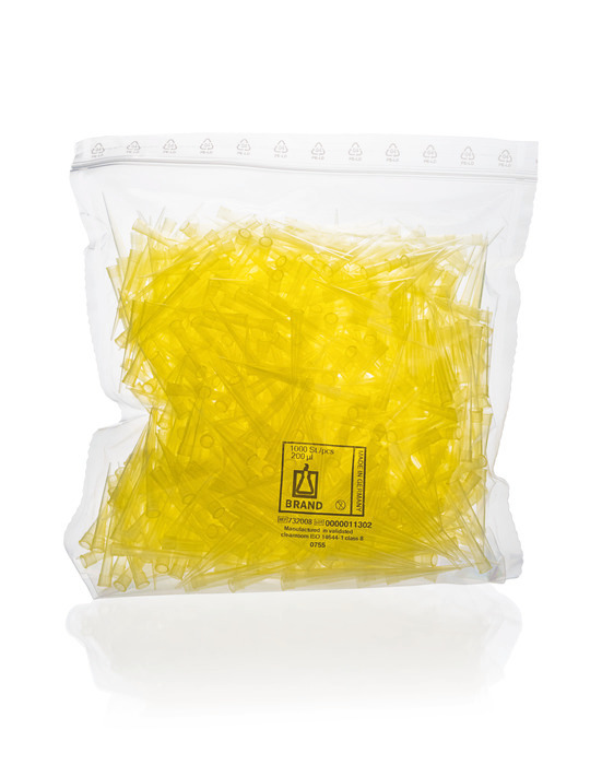 Pipette tips, bulk packed, in bag, 2 - 200 µl, PP, yellow, CERTIFIED LIFE SCIENCE QUALITY