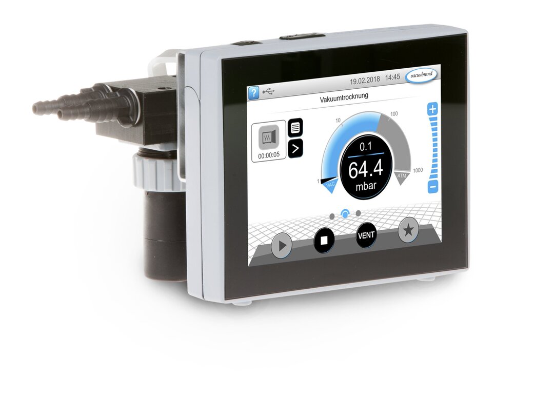 VACUU·SELECT complete controller for lab scaffoldmounting, with solenoid valve, PVDF/fluoroplastics,100-230V / 50-60Hz, plug CEE/CH/UK/US/AUS/CN